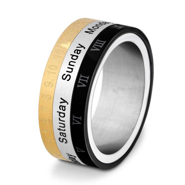 titanium steel band rotatable ring calendar week roman arabic numeral word letter men's gold black cluster rings, Golden;silver
titanium steel band rotatable ring calendar week roman arabic numeral word letter men's gold black cluster rings, Golden;silver