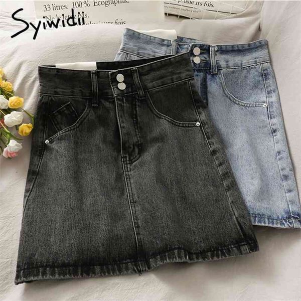 button up denim skirt women pockets high waist casual a-line solid blue spring summer korean fashion mini skirts 210607, Black
button up denim skirt women pockets high waist casual a-line solid blue spring summer korean fashion mini skirts 210607, Black