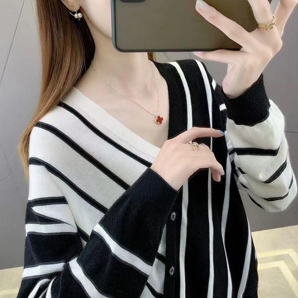 women's striped spring and autumn v-neck sweater long sleeve sweaters, White;black
women's striped spring and autumn v-neck sweater long sleeve sweaters, White;black