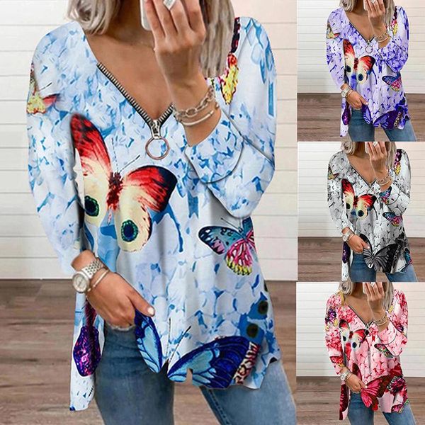 women's t-shirt autumn womens clothing graphic t shirts full sleeves butterfly printed zipper v-neck oversized vintage long sleeve, White
women's t-shirt autumn womens clothing graphic t shirts full sleeves butterfly printed zipper v-neck oversized vintage long sleeve, White
