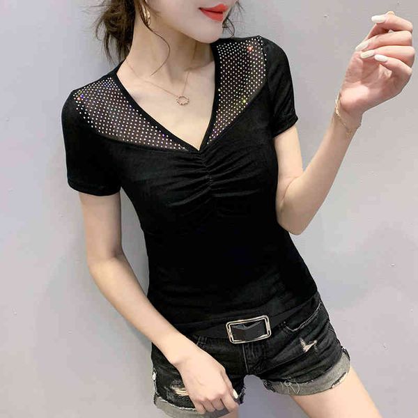 women's t-shirt summer european clothes t-shirt fashion folds v-neck patchwork diamonds women ropa mujer short sleeve te, White
women's t-shirt summer european clothes t-shirt fashion folds v-neck patchwork diamonds women ropa mujer short sleeve te, White