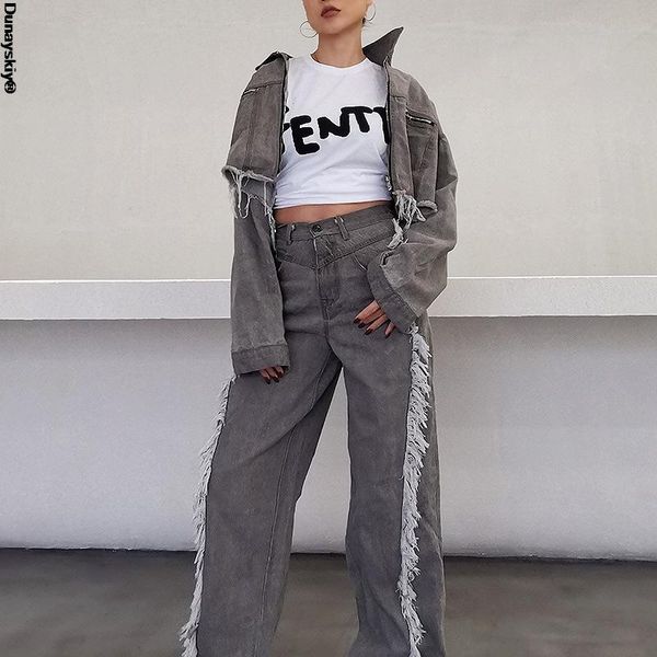 women's two piece pants tassel patchwork casual denim set tide fashion style turn down collar long sleeve loose personality lady's, White
women's two piece pants tassel patchwork casual denim set tide fashion style turn down collar long sleeve loose personality lady's, White