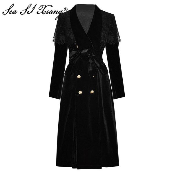 women's trench coats seasixiang fashion designer autumn coat long sleeve double-breasted lace patchwork black velvet outwear, Tan;black
women's trench coats seasixiang fashion designer autumn coat long sleeve double-breasted lace patchwork black velvet outwear, Tan;black
