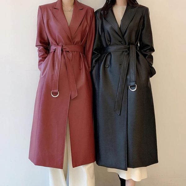 women's leather & faux korean autumn and winter retro temperament suit collar double-breasted tie-in waist mid-length pu windbreaker ja, Black
women's leather & faux korean autumn and winter retro temperament suit collar double-breasted tie-in waist mid-length pu windbreaker ja, Black
