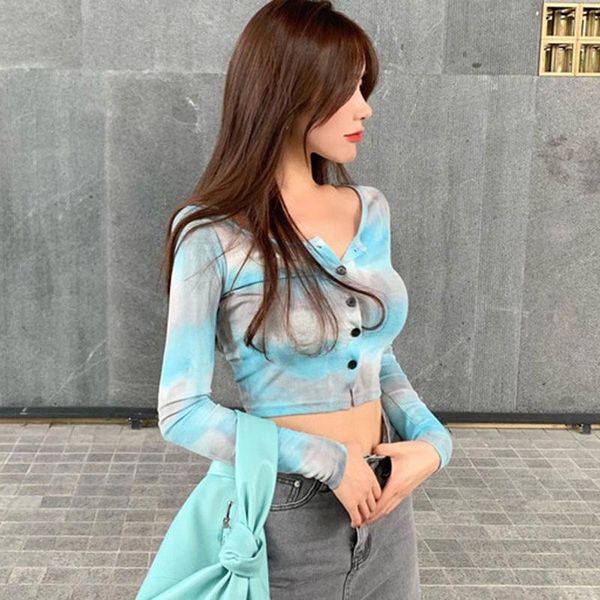 women's t-shirt women tie dye blue pullover knitting navel exposed long-sleeved button, White
women's t-shirt women tie dye blue pullover knitting navel exposed long-sleeved button, White
