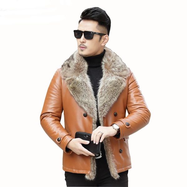 men's leather & faux jacket short winter genuine sheepskin coat for men real raccoon fur collar f-598 kj1434, Black
men's leather & faux jacket short winter genuine sheepskin coat for men real raccoon fur collar f-598 kj1434, Black