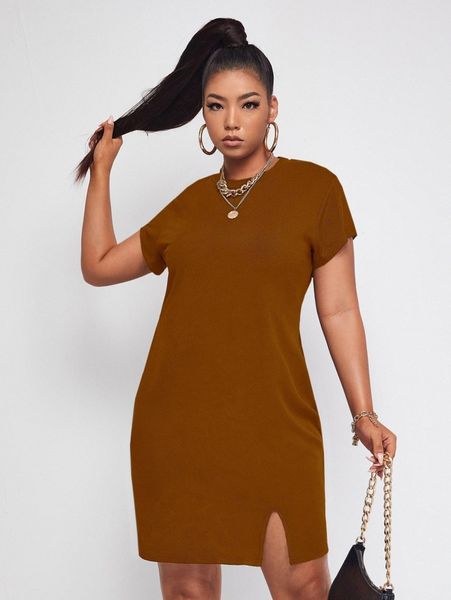 plus solid rib-knit slit dress i02g#, Black
plus solid rib-knit slit dress i02g#, Black