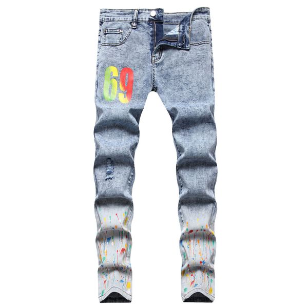 men's jeans men number printed jeans streetwear rose painted stretch denim pants trendy holes ripped slim straight trousers, Blue
men's jeans men number printed jeans streetwear rose painted stretch denim pants trendy holes ripped slim straight trousers, Blue