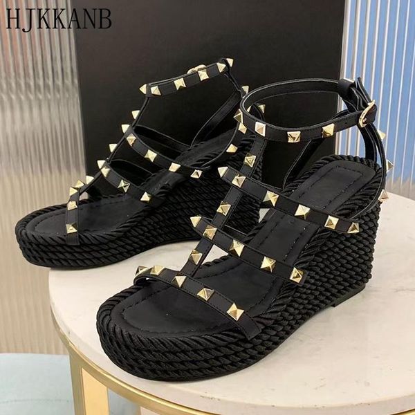 sandals runway wedges heel women summer slingback genuine leather sandalias rivets decor female gladiator, Black
sandals runway wedges heel women summer slingback genuine leather sandalias rivets decor female gladiator, Black
