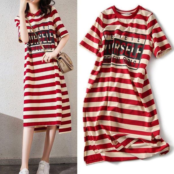 women's t-shirt striped printed skirt mid-length short-sleeved dress split bottoming shirt summer woman 2021, White
women's t-shirt striped printed skirt mid-length short-sleeved dress split bottoming shirt summer woman 2021, White