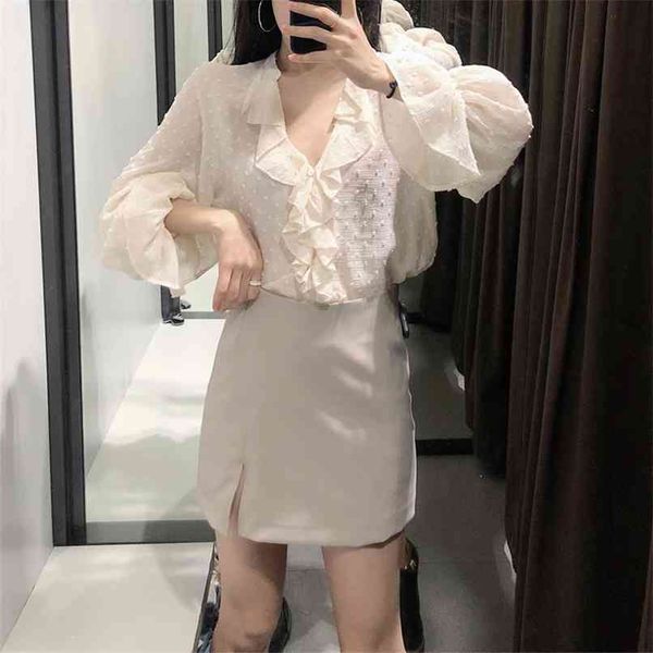 summer women's casual solid color v-neck long-sleeved ruffled decorative shirt 210430, White
summer women's casual solid color v-neck long-sleeved ruffled decorative shirt 210430, White