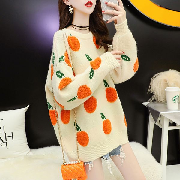 sweater knit loose pullover women wear autumn and winter 2021 sweet little fresh orange top, White;black
sweater knit loose pullover women wear autumn and winter 2021 sweet little fresh orange top, White;black