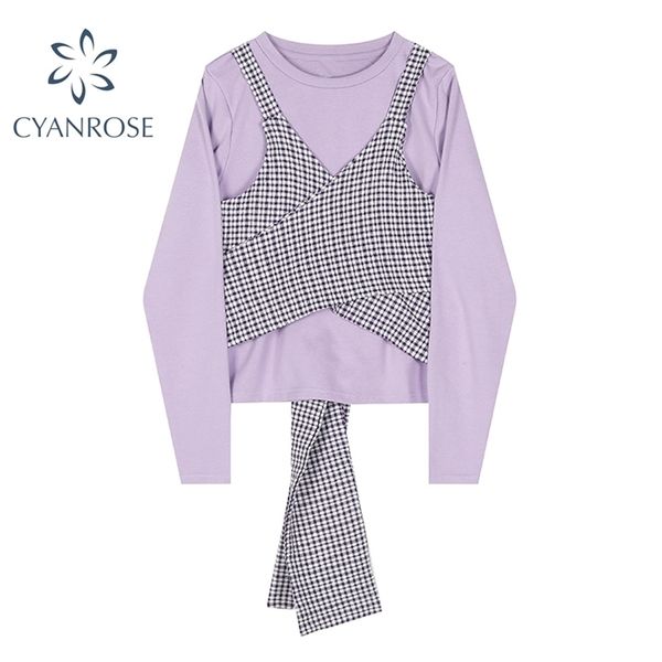 purple elegant tees women plaid straple vest bandage spliced stylish korean vintage spring long sleeve ins t shirt ol 210515, White
purple elegant tees women plaid straple vest bandage spliced stylish korean vintage spring long sleeve ins t shirt ol 210515, White