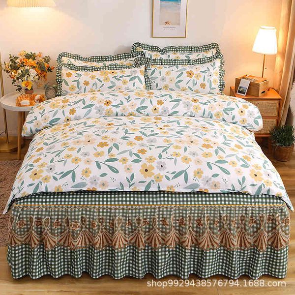 thickened four set of 100% skin friendly dormitory three piece bed skirt quilt cover bedding