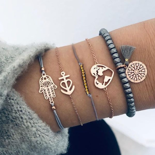 link, chain 5pcs/set classic stone heart map tassel multilayer adjustable open bracelet set women fashion party jewelry multiple styles, Black
link, chain 5pcs/set classic stone heart map tassel multilayer adjustable open bracelet set women fashion party jewelry multiple styles, Black
