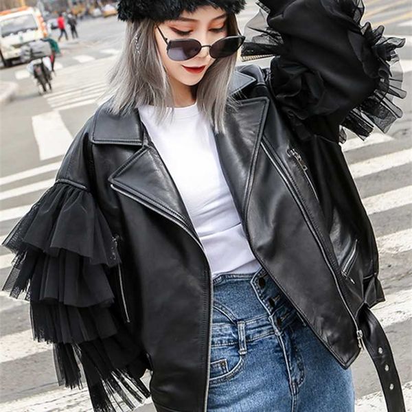 lautaro autumn short black oversized lace patchwork leather biker jacket long sleeve loose womans clothing fashionable outerwear 211215
lautaro autumn short black oversized lace patchwork leather biker jacket long sleeve loose womans clothing fashionable outerwear 211215