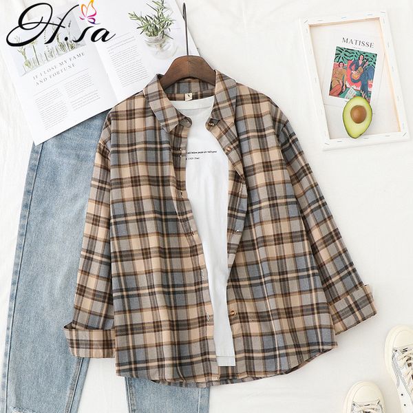 h.sa women plaid blouse and long sleeve vintage loose turn down collar ladies spring outwear coats 210417, White
h.sa women plaid blouse and long sleeve vintage loose turn down collar ladies spring outwear coats 210417, White