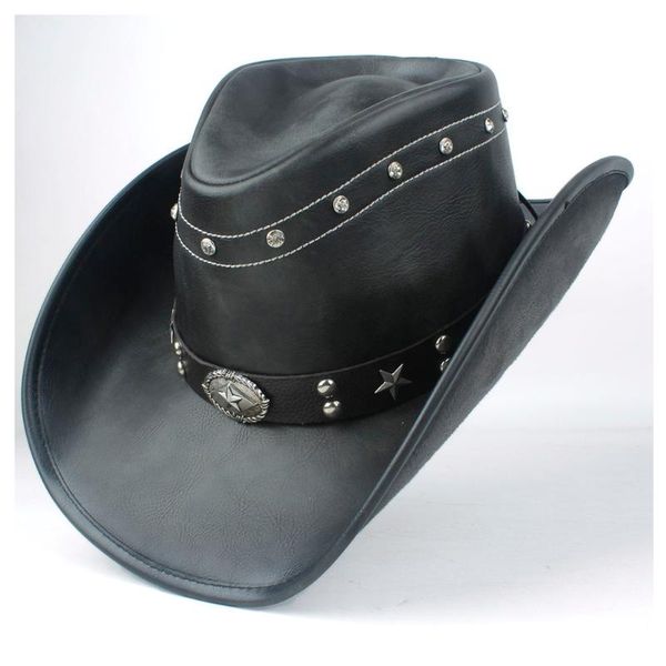 cloches men women black leather western cowboy hat with punk belt wide brim size 58-59cm, Blue;gray
cloches men women black leather western cowboy hat with punk belt wide brim size 58-59cm, Blue;gray