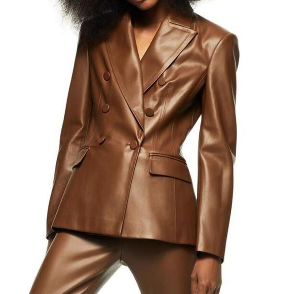 women's suits & blazers 2021 chic brown pu blazer women fashion notched collar long sleeve double breasted slim casual suit jackets s16, White;black
women's suits & blazers 2021 chic brown pu blazer women fashion notched collar long sleeve double breasted slim casual suit jackets s16, White;black