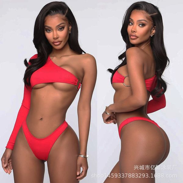 sleeve 2021 long one shoulder bikini red split swimsuit ring decoration, White;black
sleeve 2021 long one shoulder bikini red split swimsuit ring decoration, White;black