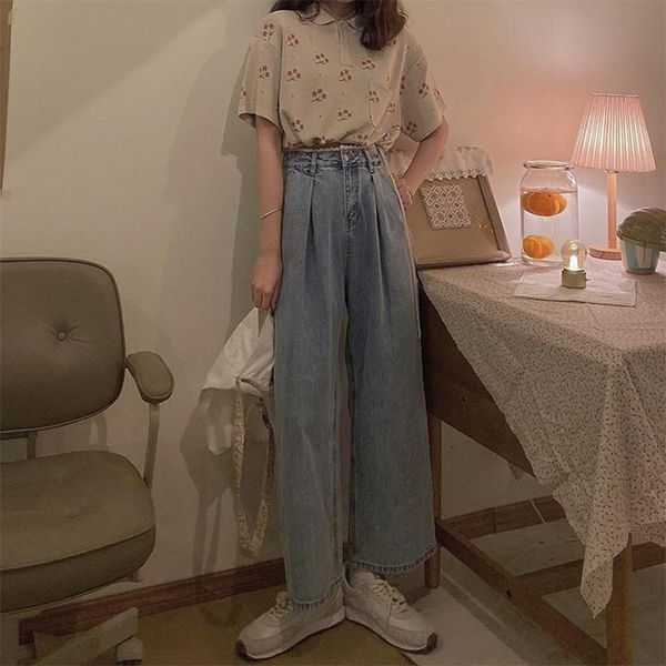 women's jeans style retro high waist straight in spring and summer, Blue 
women's jeans style retro high waist straight in spring and summer, Blue