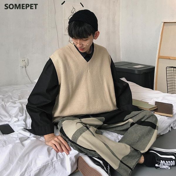 men's knit vest 2021 spring v-neck solid color loose self-cultivation pullover thin sweater youth casual clothing vests, Black;white 
men's knit vest 2021 spring v-neck solid color loose self-cultivation pullover thin sweater youth casual clothing vests, Black;white