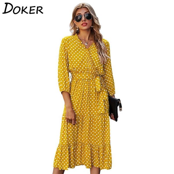 polka dot midi dress for women spring fashion three quarter v neck with belt elegant ladies casual boho beach dresses vestidos 210423, Black;gray
polka dot midi dress for women spring fashion three quarter v neck with belt elegant ladies casual boho beach dresses vestidos 210423, Black;gray