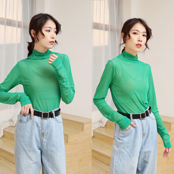 women's 8 color women summer t-shirt stand collar mesh perspective ladies shirt slim long sleeve tee top, White
women's 8 color women summer t-shirt stand collar mesh perspective ladies shirt slim long sleeve tee top, White