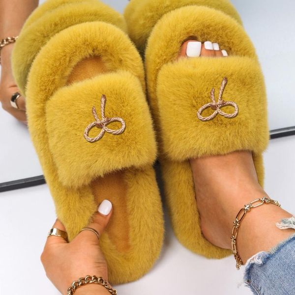 slippers women's fluffy metal rope bow faux fur slides flip flops designer sandals indoor luxury winter shoes, Black
slippers women's fluffy metal rope bow faux fur slides flip flops designer sandals indoor luxury winter shoes, Black