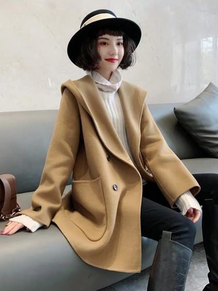 women's wool & blends europe station winter clothing 2021 european double face cashmere overcoat, Black
women's wool & blends europe station winter clothing 2021 european double face cashmere overcoat, Black