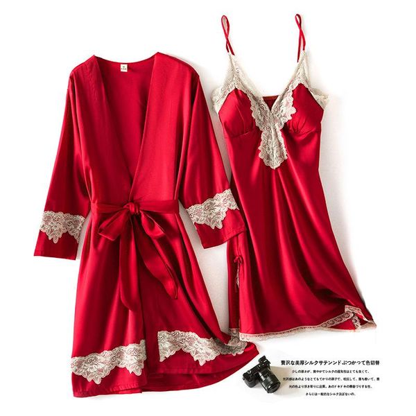 women sleepwear burgundy satin robe set v-neck lace gown nighty&robe female sleep home dressing women's, Black;red
women sleepwear burgundy satin robe set v-neck lace gown nighty&robe female sleep home dressing women's, Black;red