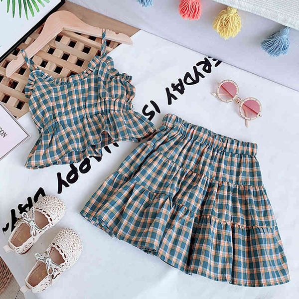 children's set fashion girl clothes plaid print suspender + skirt 2-piece summer kids 210515, White
children's set fashion girl clothes plaid print suspender + skirt 2-piece summer kids 210515, White