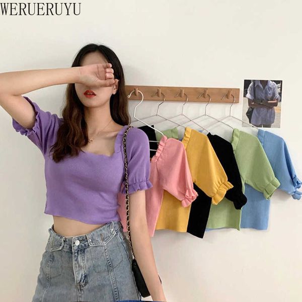 werueruyu vintage short sleeve knitted t-shirts girls crop thin knitwear for student summer 210608, White;black
werueruyu vintage short sleeve knitted t-shirts girls crop thin knitwear for student summer 210608, White;black