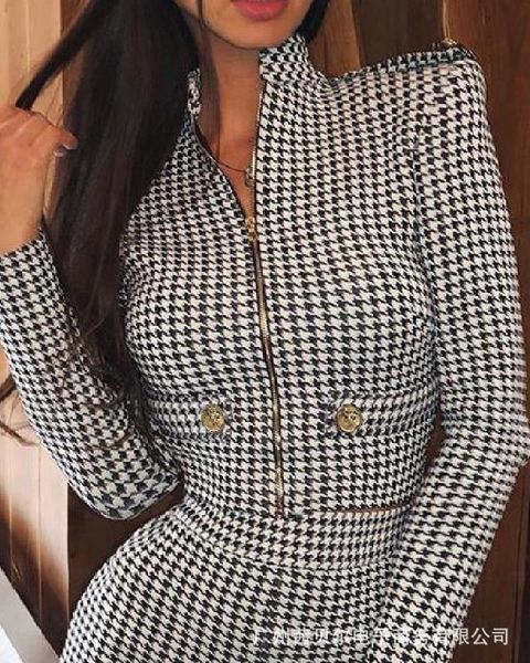 zipper high waist womens dresses shorts 2 piece sets fashion long sleeve outfits houndstooth printed tight suit, White
zipper high waist womens dresses shorts 2 piece sets fashion long sleeve outfits houndstooth printed tight suit, White