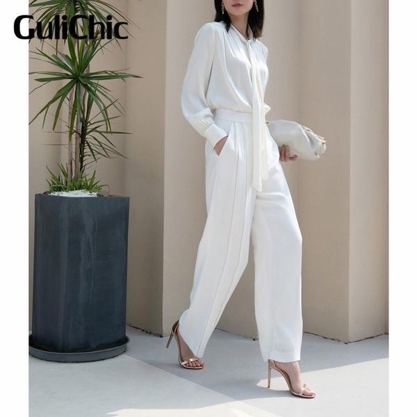 4.3 high end quality temperament solid color silk blouse shirt or straight wide leg pants set women women's two piece, White
4.3 high end quality temperament solid color silk blouse shirt or straight wide leg pants set women women's two piece, White
