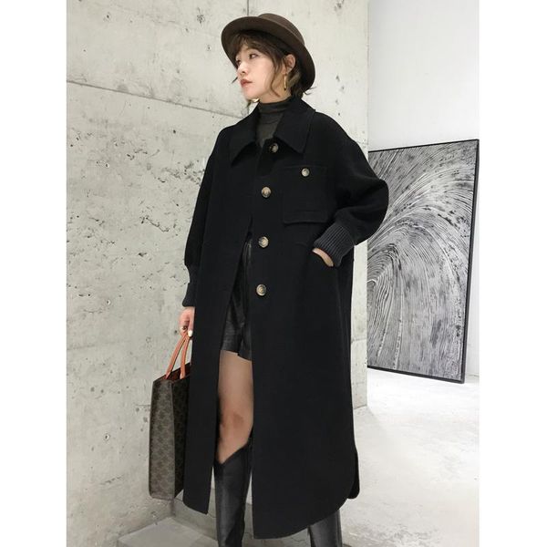 women's wool & blends brown cashmere coat spring 2021 long high-end fashion double-sided tweed, Black
women's wool & blends brown cashmere coat spring 2021 long high-end fashion double-sided tweed, Black