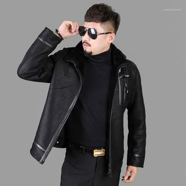 men's leather & faux 2021 haining sheepskin fur integrated jacket hooded detachable slim warm coat, Black
men's leather & faux 2021 haining sheepskin fur integrated jacket hooded detachable slim warm coat, Black