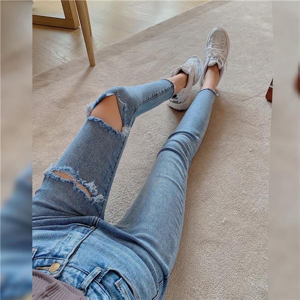 spring and autumn korean retro high waist elastic tights plus small size ins personalized foot pencil jeans women's, Blue
spring and autumn korean retro high waist elastic tights plus small size ins personalized foot pencil jeans women's, Blue