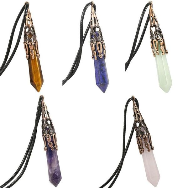 pendant necklaces tumbeelluwa crystal stone hexagonal pointed healing chakra reiki necklace waxed cord for unisex, Silver
