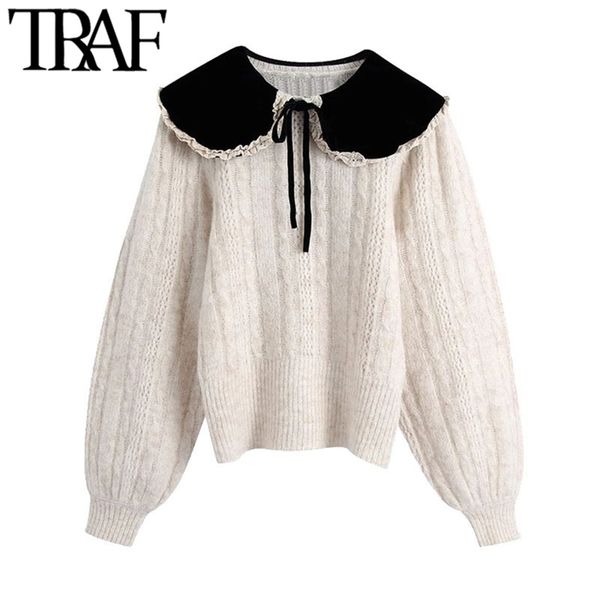 women fashion with bow velvet peter pan collar knitted sweaters vintage lantern sleeve female pullovers chic 210507, White;black
women fashion with bow velvet peter pan collar knitted sweaters vintage lantern sleeve female pullovers chic 210507, White;black