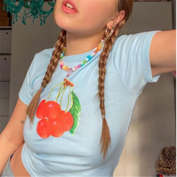 women's t-shirt summer women short sleeve crop young girls light blue fashion sweet cherry print slim fit exposed navel tees ins, White
women's t-shirt summer women short sleeve crop young girls light blue fashion sweet cherry print slim fit exposed navel tees ins, White