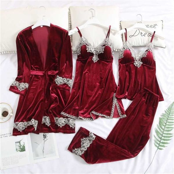 july's song women velvet pajamas set 4 pieces warm lace winter sleepwear sling nightdress homewear plus size robe 211215, Black;red
july's song women velvet pajamas set 4 pieces warm lace winter sleepwear sling nightdress homewear plus size robe 211215, Black;red