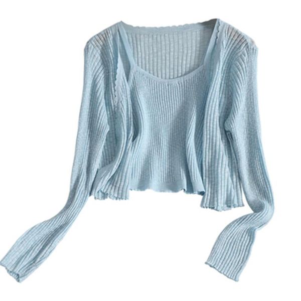 women's knits & tees korean short cardigan with lace v-neck blouse + base sling knitted two-piece female summer dress age reduction swe, White
women's knits & tees korean short cardigan with lace v-neck blouse + base sling knitted two-piece female summer dress age reduction swe, White
