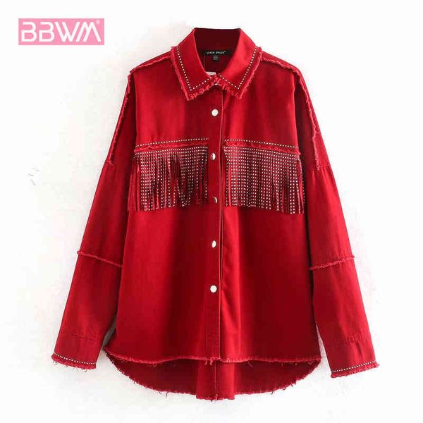 red denim coat vintage bright diamond fringed irregular fray women's jacket lapel long sleeve harajuku chic loose female 210507, Black;brown
red denim coat vintage bright diamond fringed irregular fray women's jacket lapel long sleeve harajuku chic loose female 210507, Black;brown