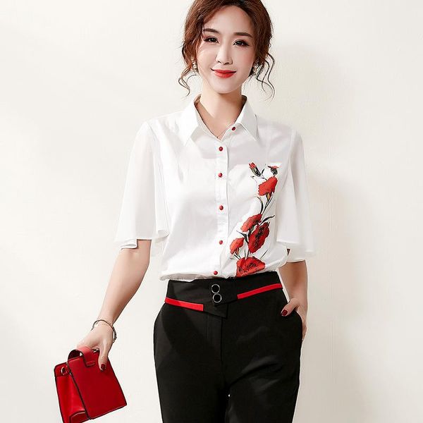 women's blouses & shirts summer women korean version western style printing lapel professional embroidered shirt, White
women's blouses & shirts summer women korean version western style printing lapel professional embroidered shirt, White