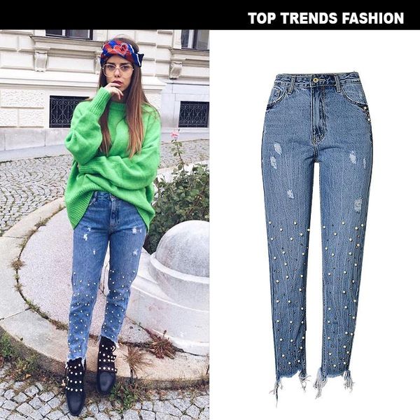 women's jeans fashion high waist slim straight pearl 3 colors studded irregular foot fringed holes pure cotton denim casual pants, Blue
women's jeans fashion high waist slim straight pearl 3 colors studded irregular foot fringed holes pure cotton denim casual pants, Blue
