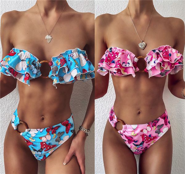 women's butterfly ruffle bikini sets fashion strapless slash neck floral swimsuits 20ss summer swimwear for women, White;black
women's butterfly ruffle bikini sets fashion strapless slash neck floral swimsuits 20ss summer swimwear for women, White;black