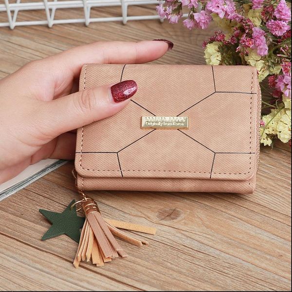 womens short wallet pu leather female plaid tassel card holder fashion woman small zipper coin purse, Red;black