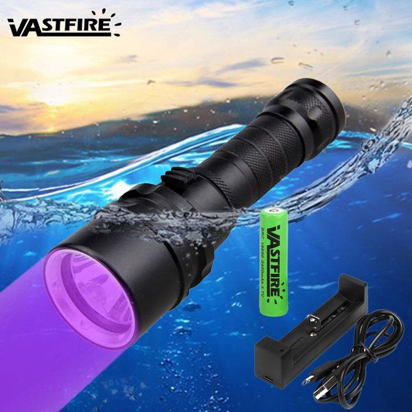 

underwater 395nm 100m xpe uv light led scuba diving 10w 365-395nm purple torch build-in 18650 battery & usb charger flashlights t torches