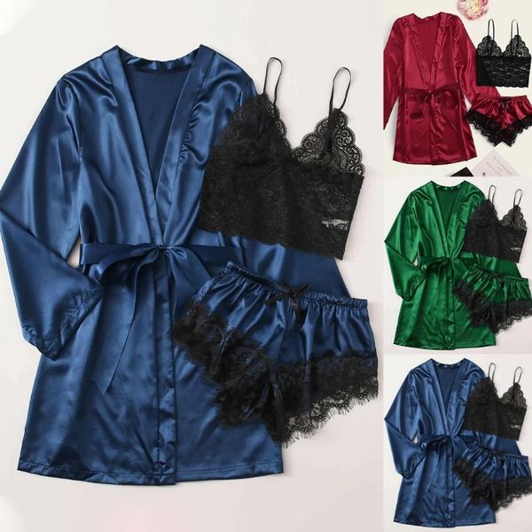 women's sleepwear 3pc pijama women pajamas sets lace bralette shorts bathrobe nightwear suits satin for mujer, Black;red
women's sleepwear 3pc pijama women pajamas sets lace bralette shorts bathrobe nightwear suits satin for mujer, Black;red